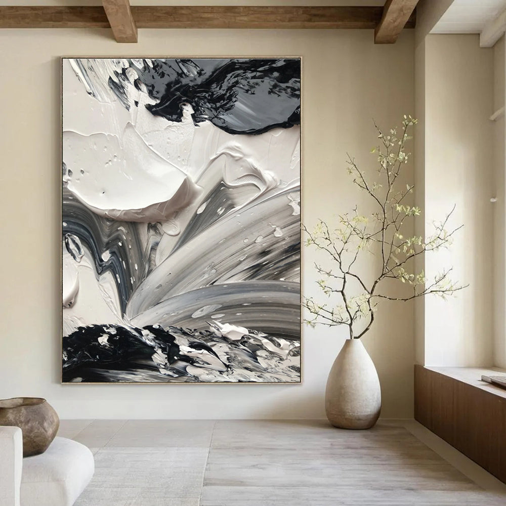 Black and White Impasto Abstract Painting with Dynamic Textures ADGE440