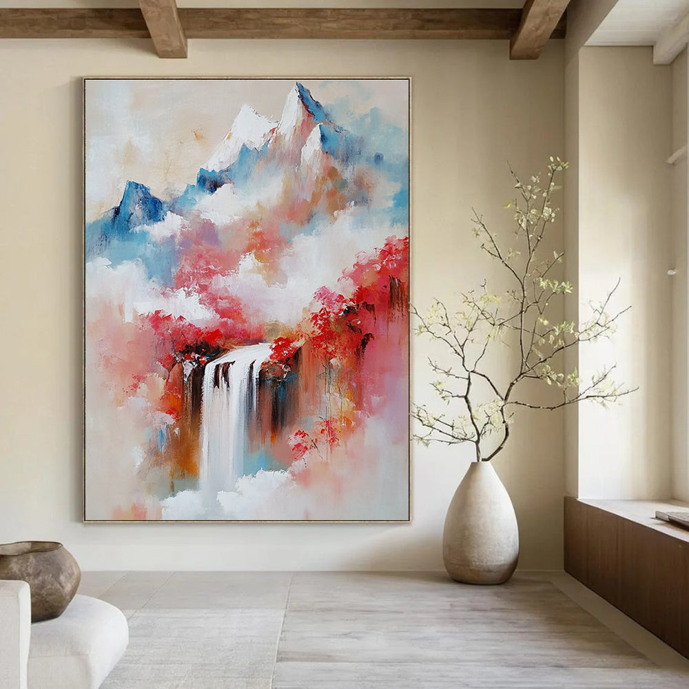 Large Abstract Oil Painting Featuring Mountains Waterfalls and Misty Atmosphere in Shades of Red and Pink With Delicate Brushstrokes.STSC171