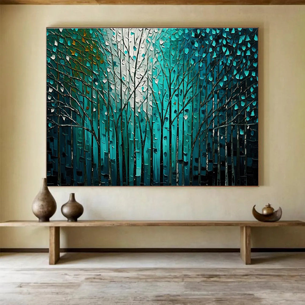 Teal Forest Abstract Painting with Intricate Tree Patterns THY311
