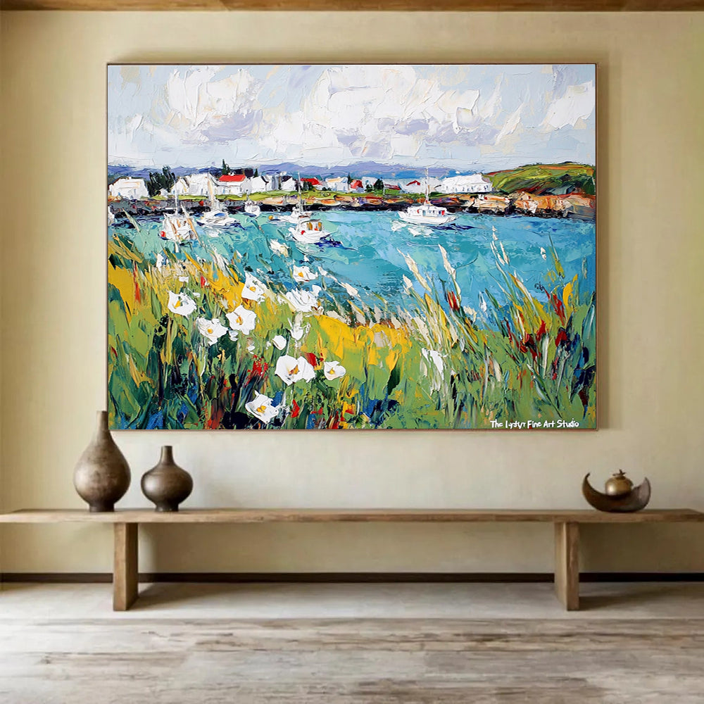 A large abstract painting of Reykjavik's harbor featuring vibrant boats and blooming wildflowers against a lively sky, showcasing nature's harmony with human creation.SC527