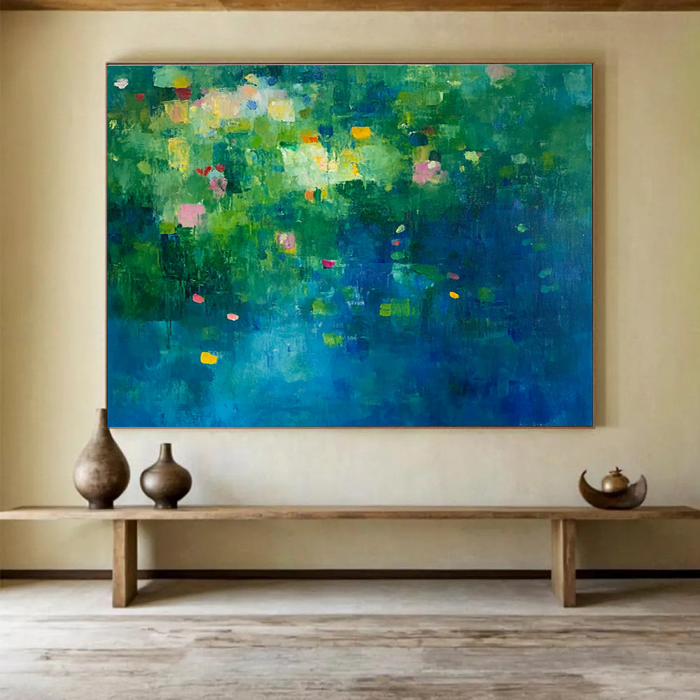 Colorful Floral Abstract Painting with Green and Blue Background DYP503