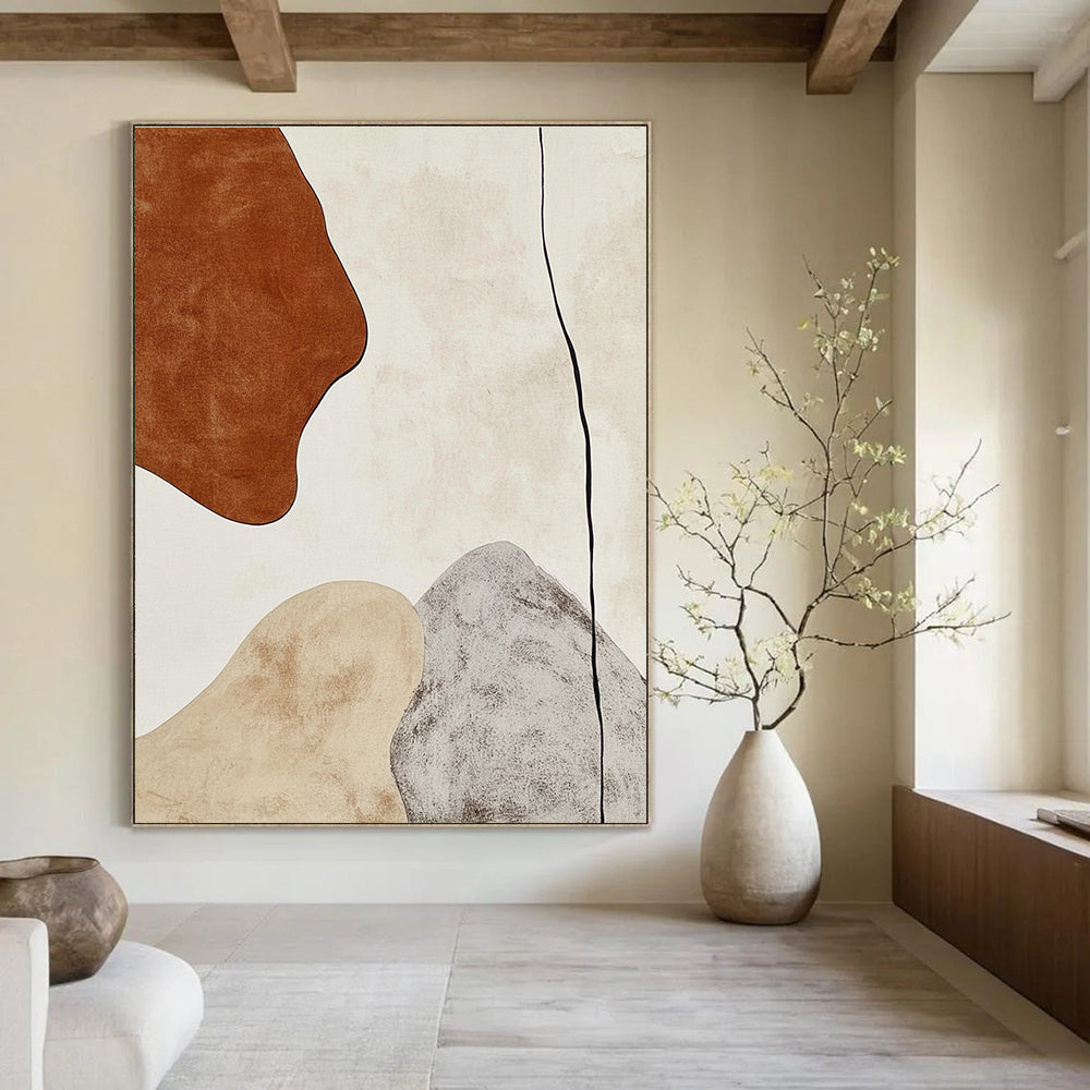 Large Abstract Painting In Earthy Tones Featuring A Brown Shape And Gray Line On A White Background Ideal For Contemporary Interiors.STSC474