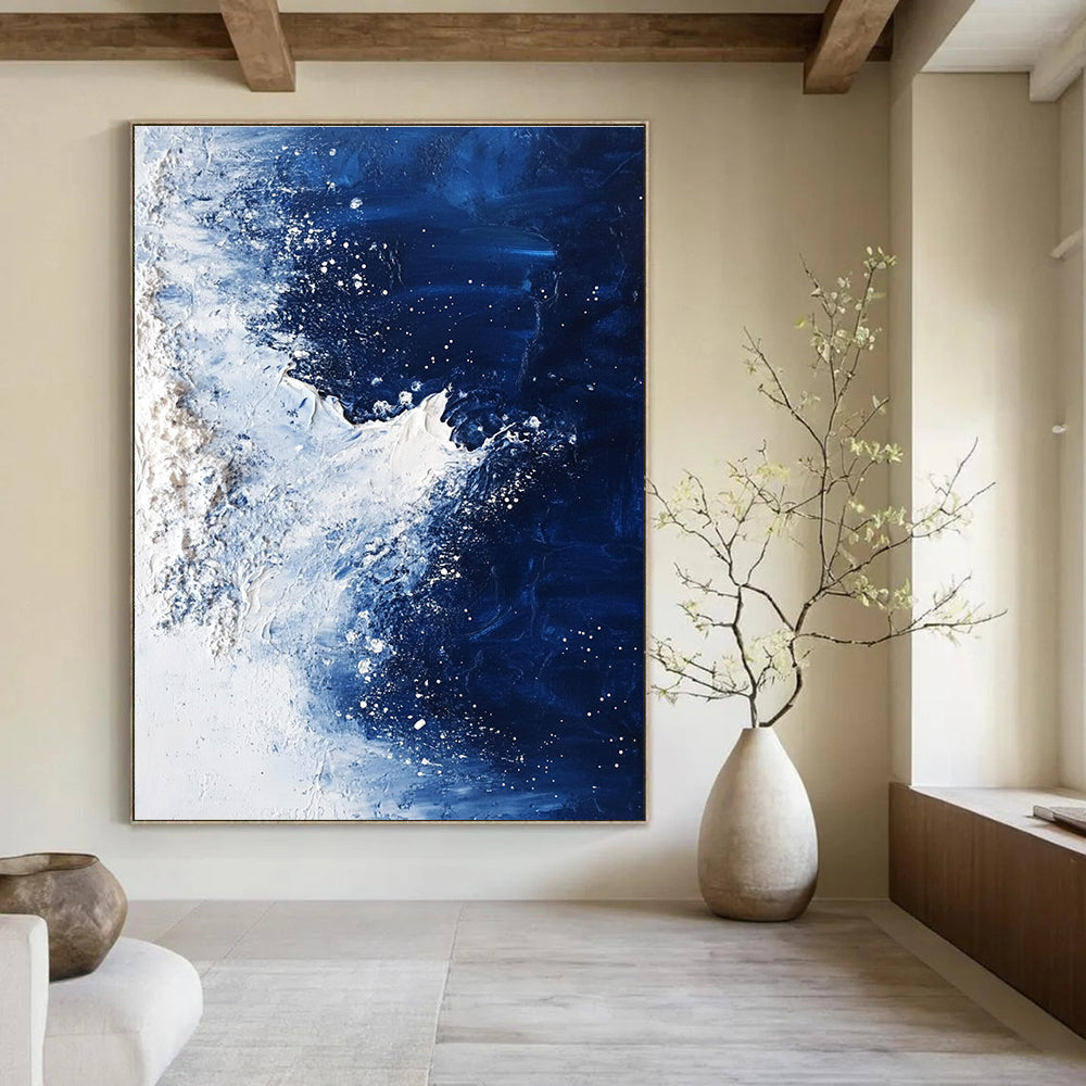 Large abstract painting depicting the North Pole with deep blue water ice and dynamic white brush strokes.STSC341