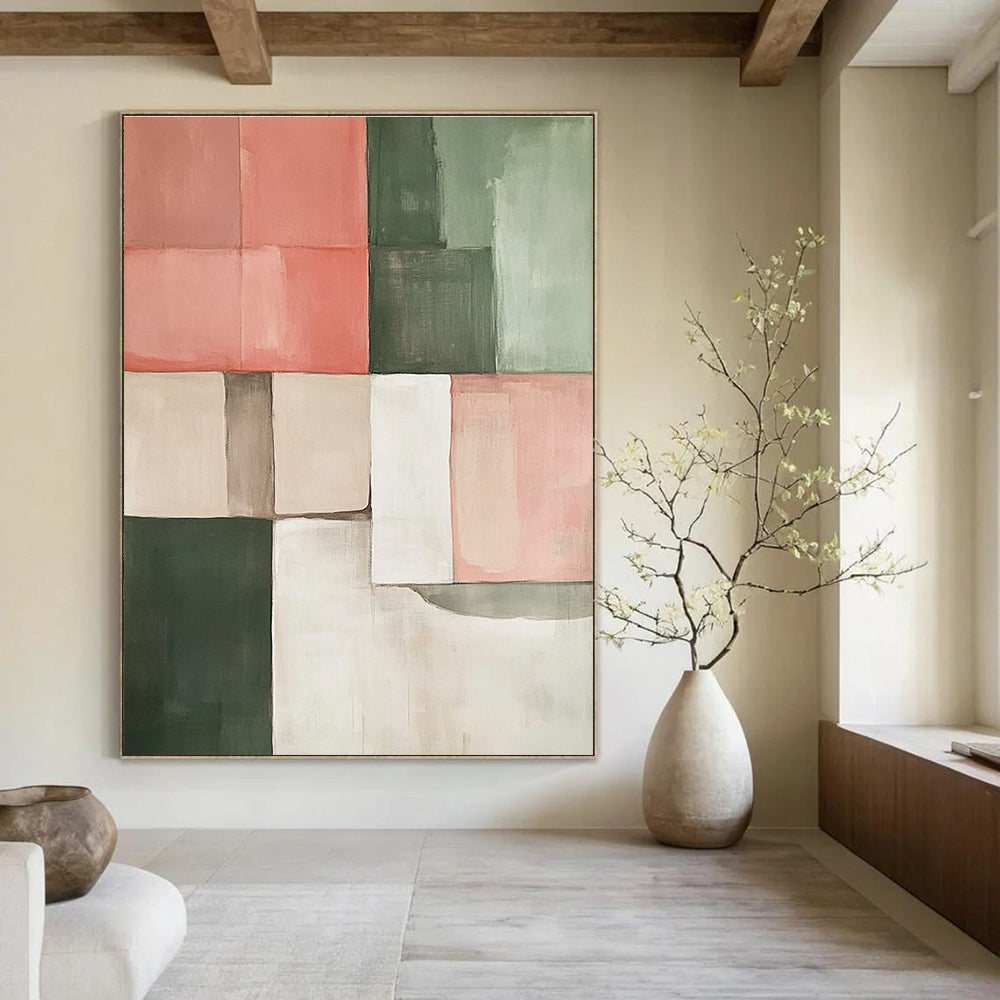 Large abstract painting in earthy tones of pink green and beige featuring geometric shapes perfect for modern decor.STSC243