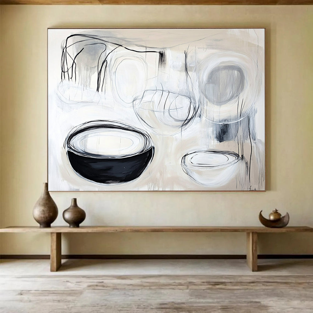 A large abstract painting featuring organic white and black lines, highlighting shapes of cups and plates with expressive black ink strokes.SC389