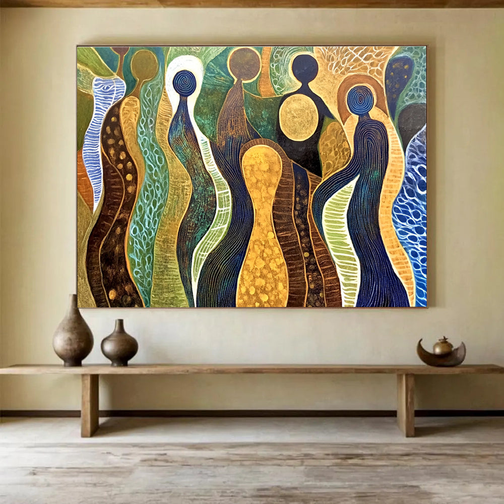 Abstract Figure Forms Painting with Earthy and Blue Tones DYP578