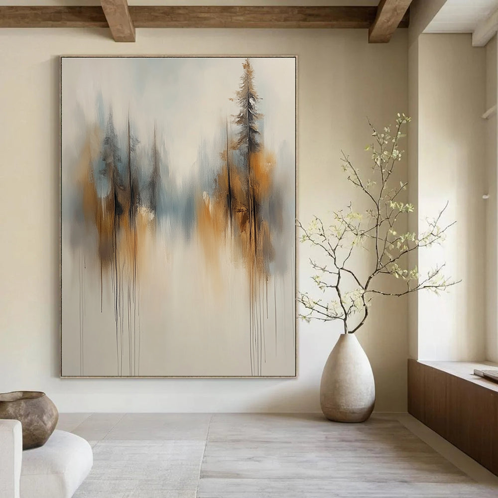 Large abstract painting of soft white and grey trees with brown and blue accents featuring a smoke-like background and blurred edges.STSC710