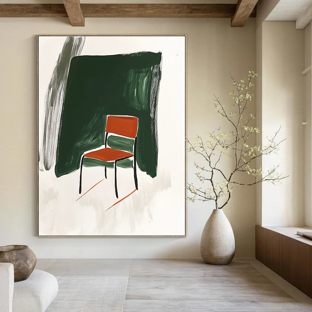 Abstract artwork featuring Minimalist Japandi style with a chair influenced by David Hockney in green and white background adorned with orange brush strokes.STSC1336