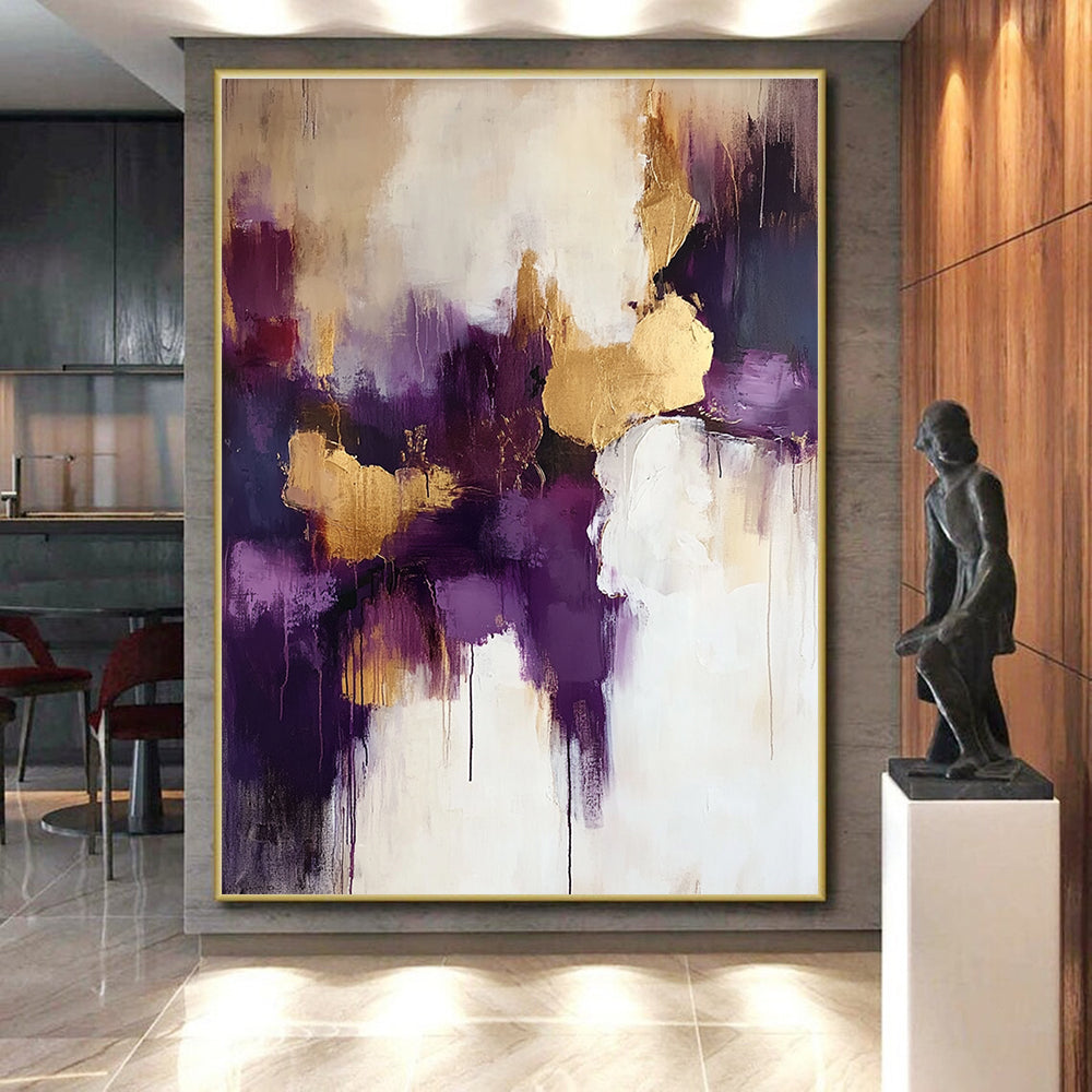 Purple and Gold Abstract Painting with Dripping Effects GER618
