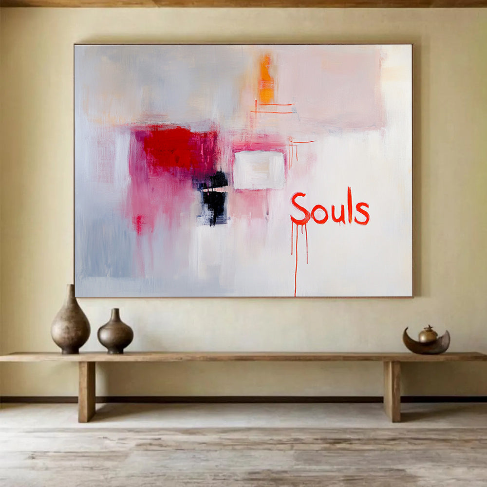 Pink and Red Abstract “Souls” Painting with Evocative Text DYP298