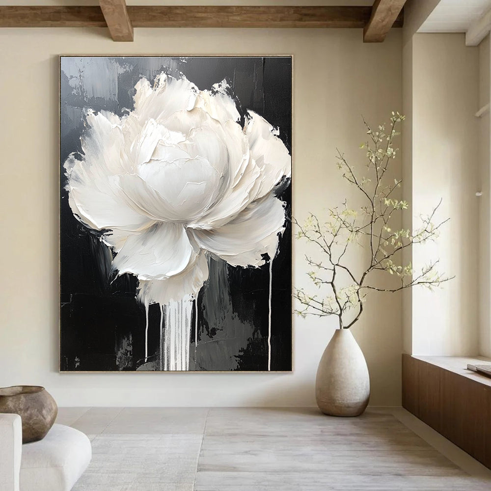 Large abstract painting featuring a white rose and peony with dripping petals on a black and gray background in neutral tones.STSC517