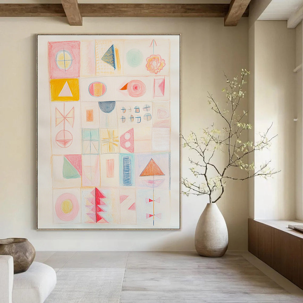 Large abstract painting in soft pastels featuring geometric shapes vibrant pink tones and lively details capturing strong contrasts and emotions on a white background.STSC985