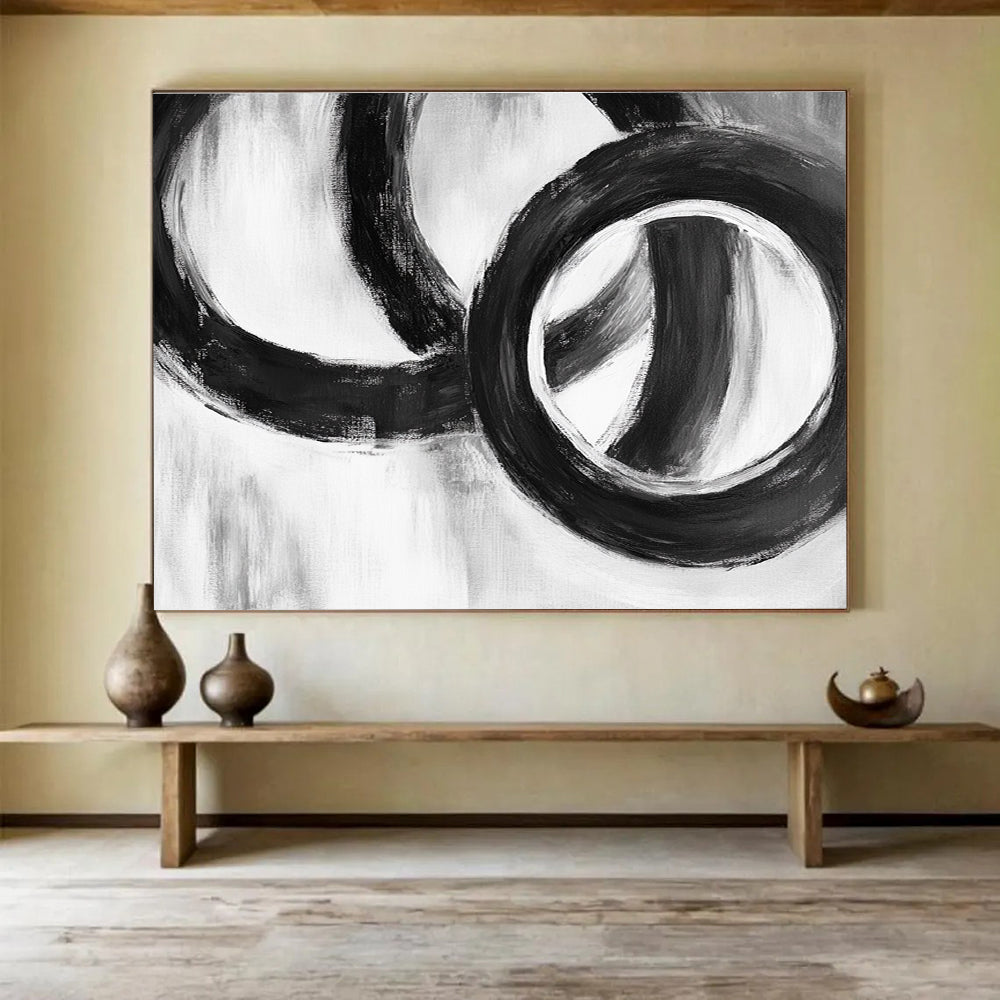 Large abstract painting featuring intertwined rings with simple shapes soft edges and fluid lines on a neutral background.SC013
