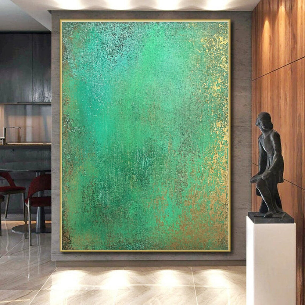Green and Gold Textured Abstract Painting with Lush Glows GER128