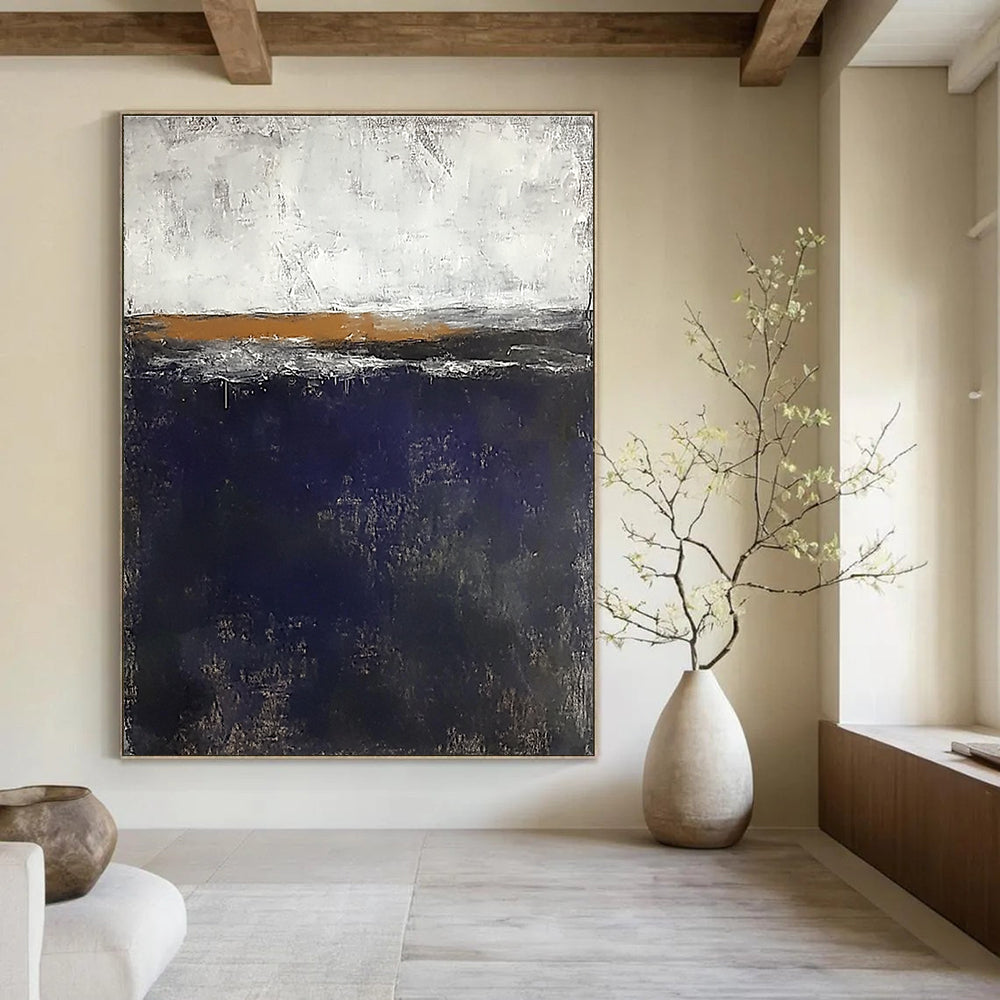 Large abstract painting of the sea in dark blue and gray with white highlights and small brown elements against a flat gray background.STSC706