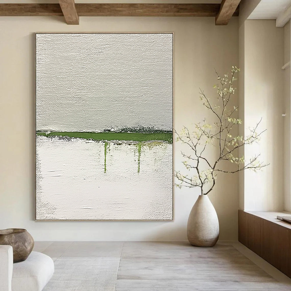 Large abstract painting featuring a green horizon on textured white canvas with thick impasto strokes accentuated by muted lime and gray tones.STSC1094