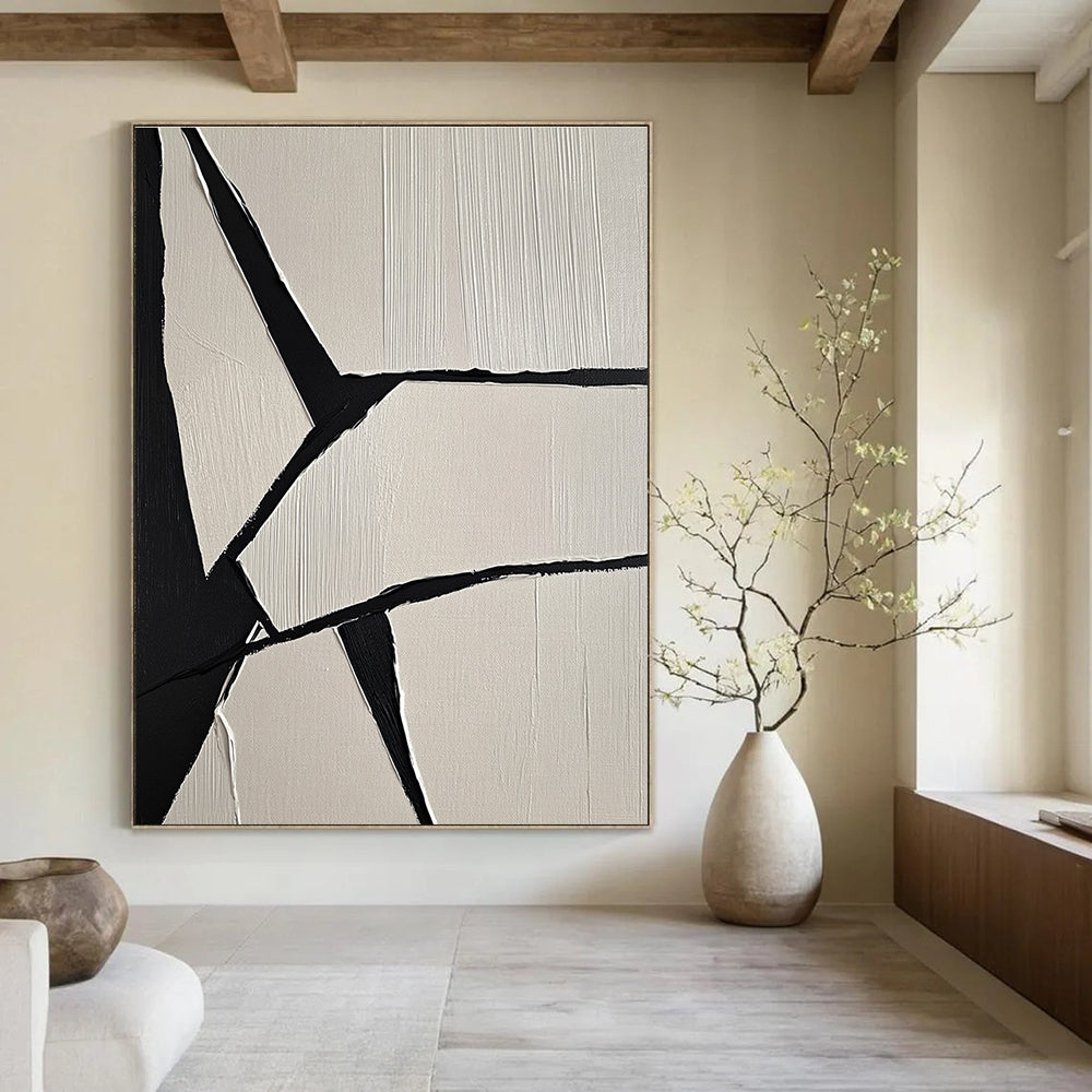 Large abstract painting featuring crumpled paper texture geometric shapes and a cloth detail in a modern gray color scheme.STSC1247