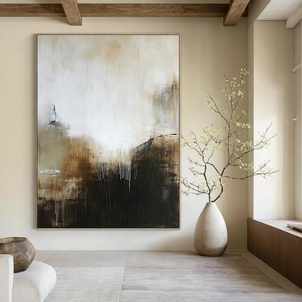 Large abstract painting in muted white and brown tones with black hints offering a mysterious and inviting atmosphere with textured layers.STSC618