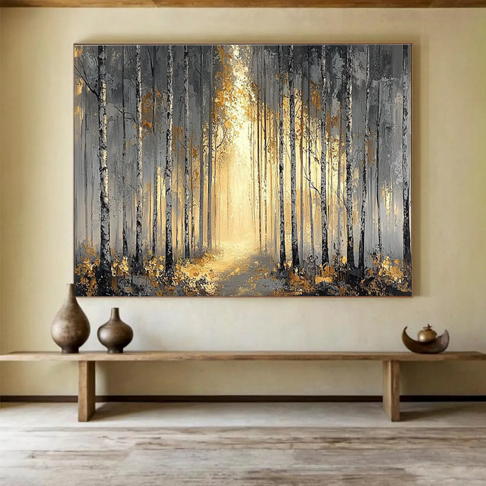Misty Forest Abstract Painting with Grey and Gold Tones THY159