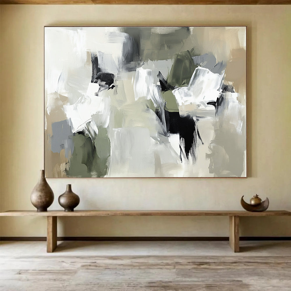 Large abstract painting in neutral tones featuring thick brush strokes and chaotic composition with beige gray and soft edges.SC245