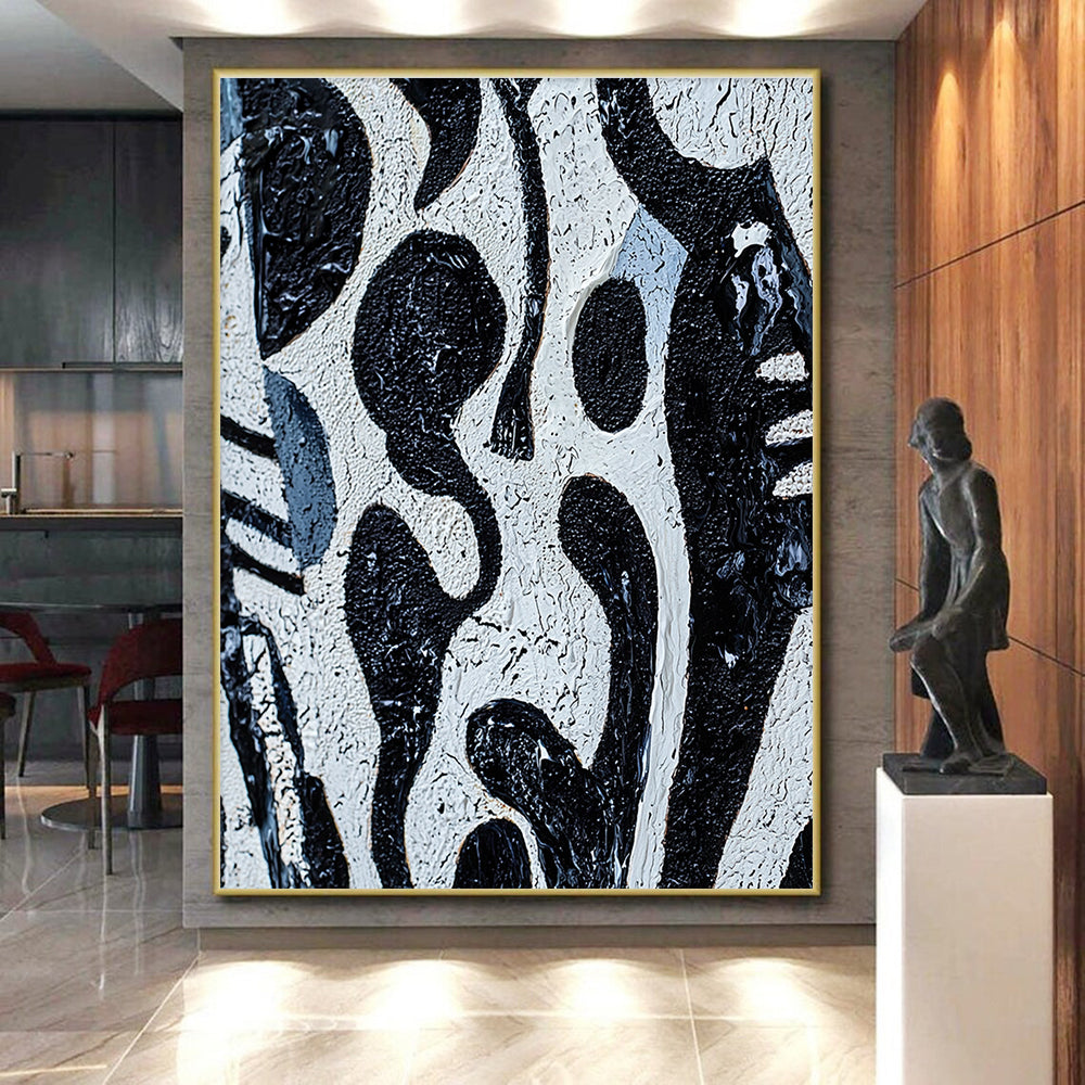 Black and White Textured Abstract Painting with Irregular Shapes GER050