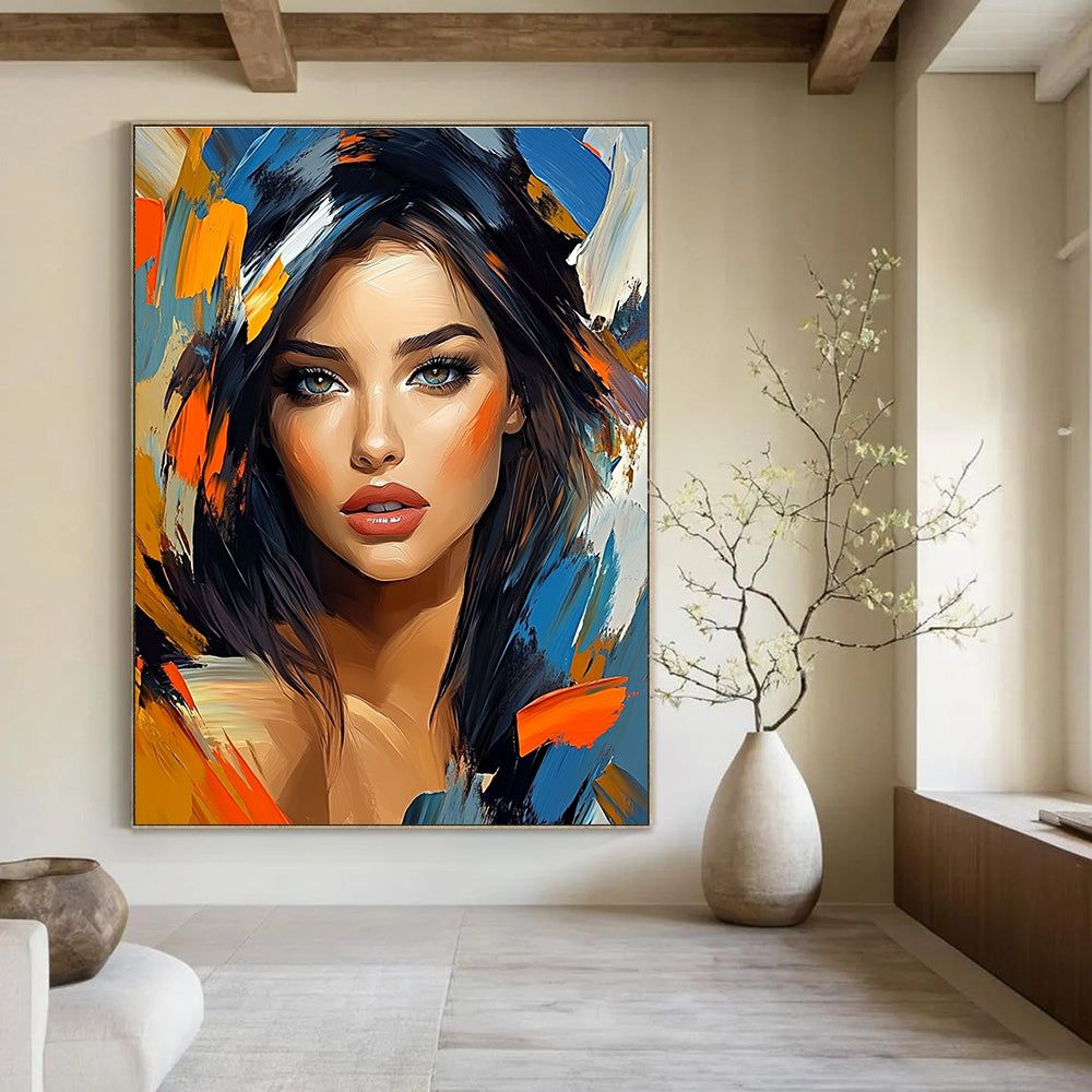 Vibrant abstract painting featuring a stunning woman's portrait with bold colors and sharp focus capturing her beauty and elegance.STSC1270