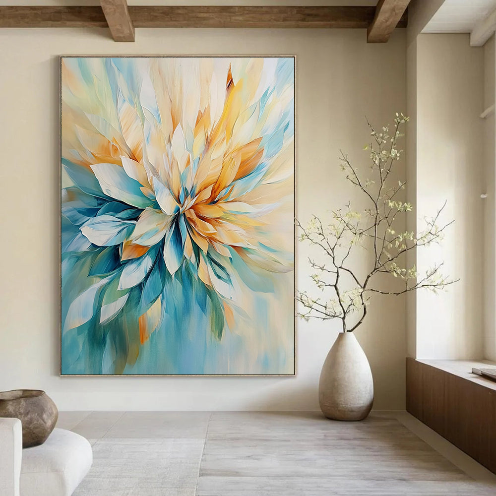 Large abstract painting in light teal and beige featuring loose brushwork and oversized petals.STSC435