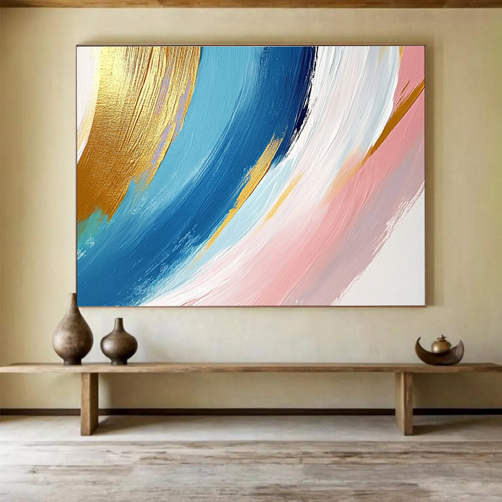 Gold Blue Pink - Flowing Brushstrokes Abstract Painting DYP035