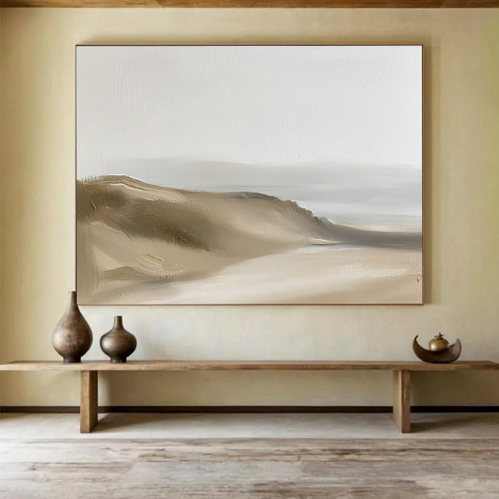 Large abstract painting of minimalist sand dunes in neutral beige and grey tones with thick brush strokes and low-contrast composition.SC598