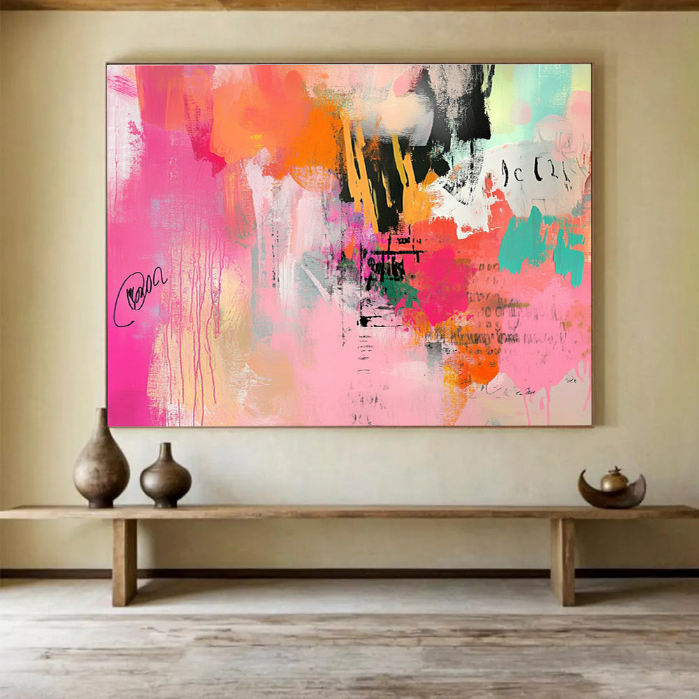 An abstract expressionist painting featuring chaotic brush strokes and soft gradients in pinks and oranges, creating vibrant energy and depth.SC309