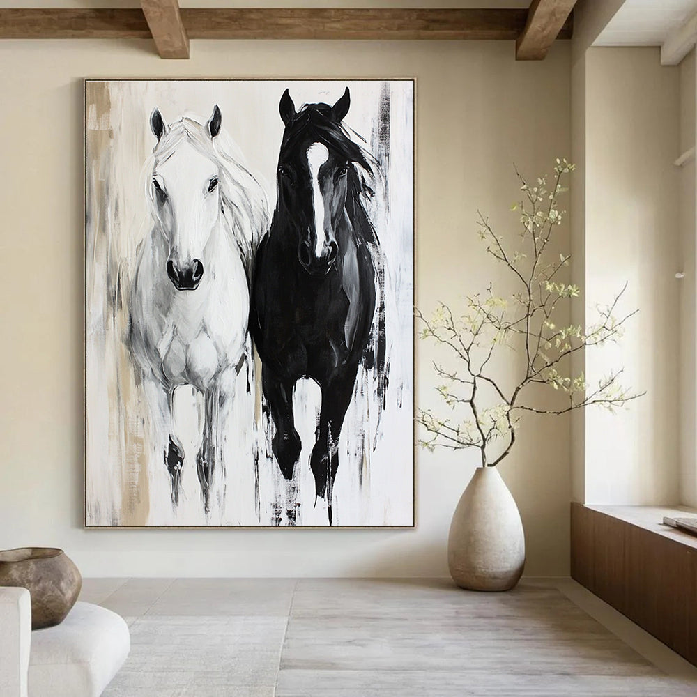 Large Abstract Painting Featuring Two Horses A White and a Black Horse in a Unique Artistic Expression.STSC1452
