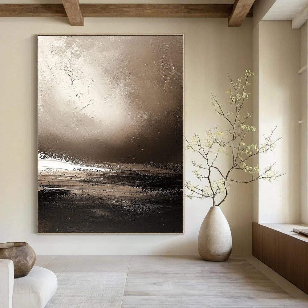 Large abstract painting showcasing Earth's horizon in sepia tones with textured brushstrokes creating a calming atmosphere and distant landscapes.STSC646