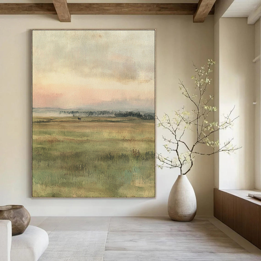A large abstract painting featuring muted colors of an open field with gentle brushstrokes and two hares in the foreground.STSC1229