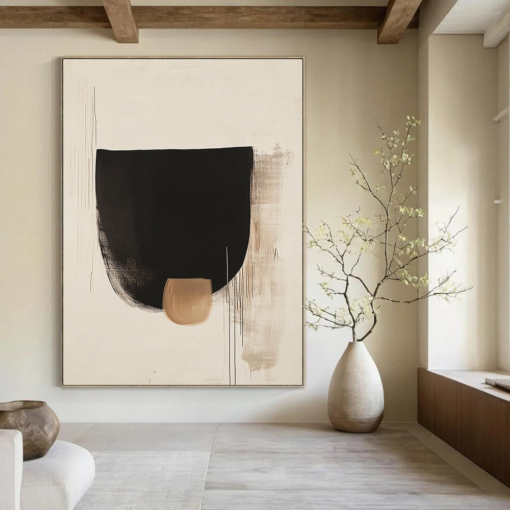 Large abstract black shapes on white background with a small brown detail inspired by Euan Uglow and Tadao Ando's minimalist style.STSC1069