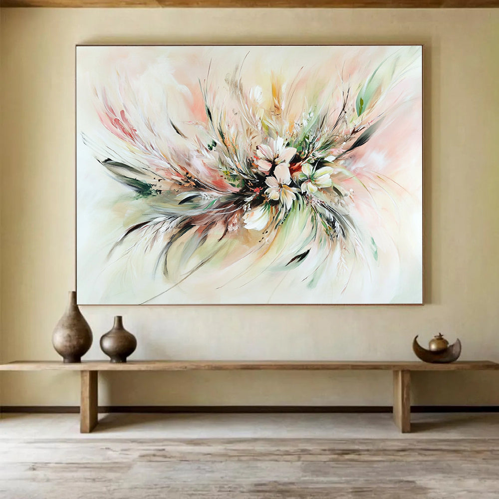 A large abstract painting featuring soft pastel floral arrangements with feathers and leaves, showcasing swirling patterns and expressive brushstrokes for depth and emotion.SC555