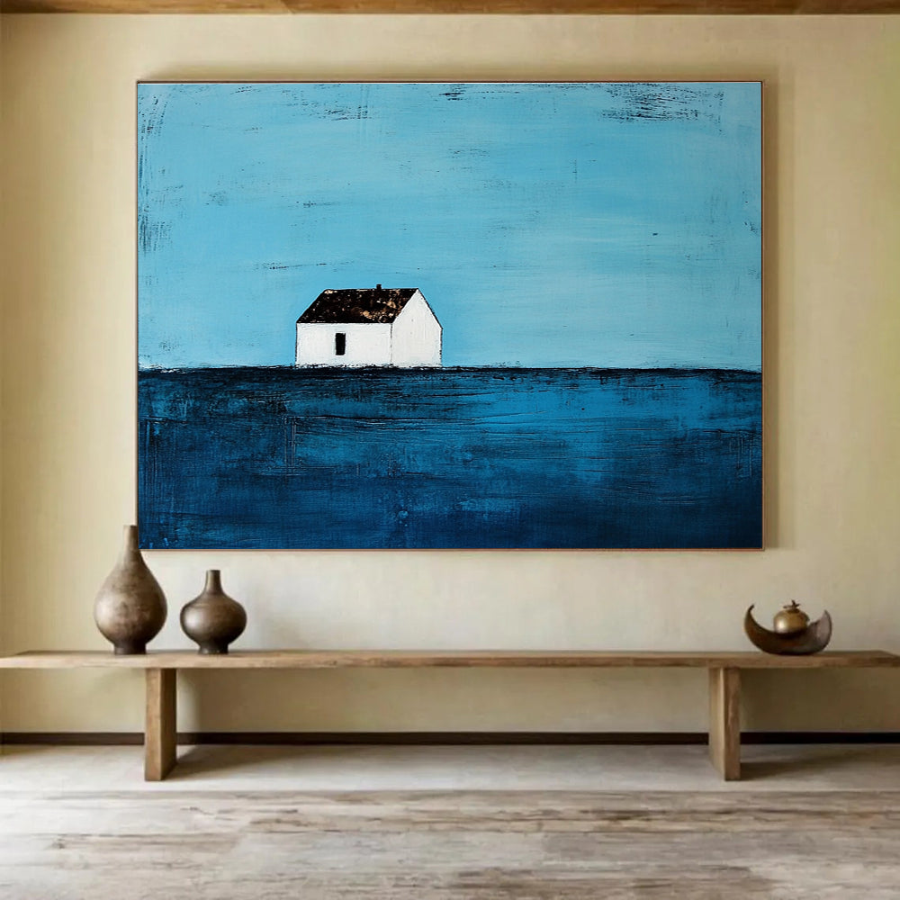 Blue and White Abstract Painting of a Solitary House DYP144