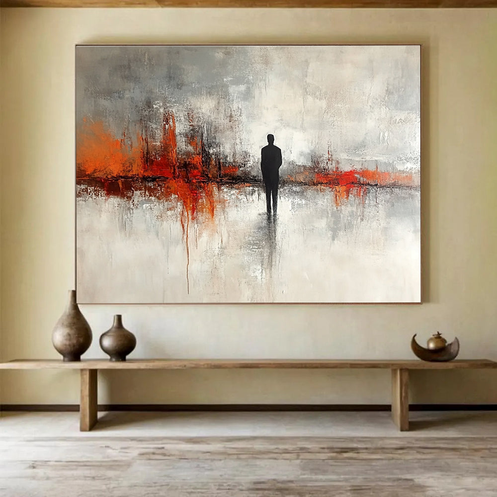 Silhouette in Abstract Landscape Painting with Gray and Orange DYP417