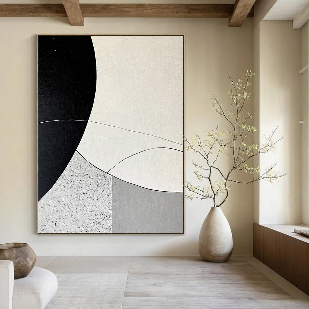 Large abstract painting featuring minimalist curved lines and rounded shapes in black and gray on a textured white background with a circular pattern.STSC436