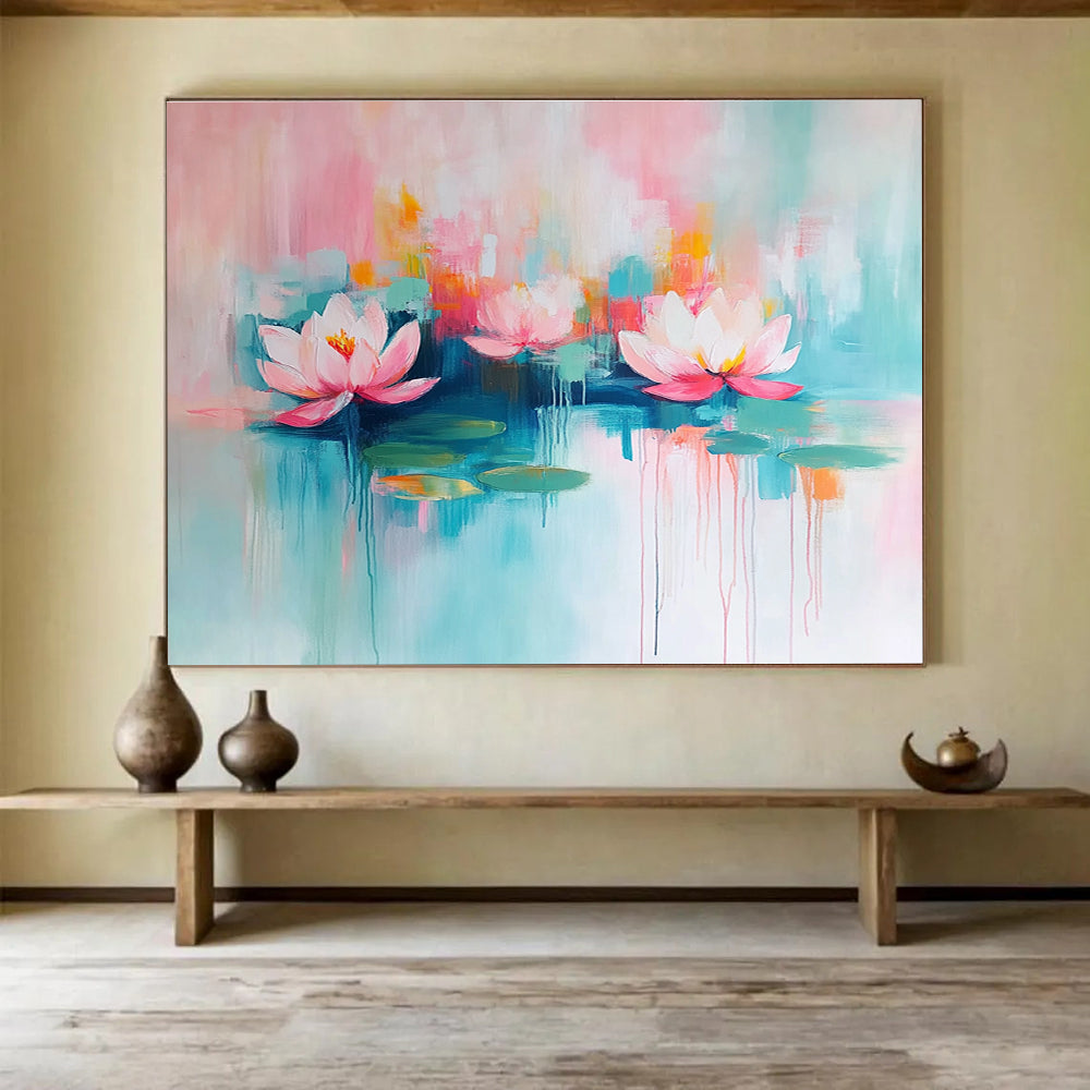 Large abstract painting featuring pink and turquoise water lilies with thick brush strokes on canvas.SC197