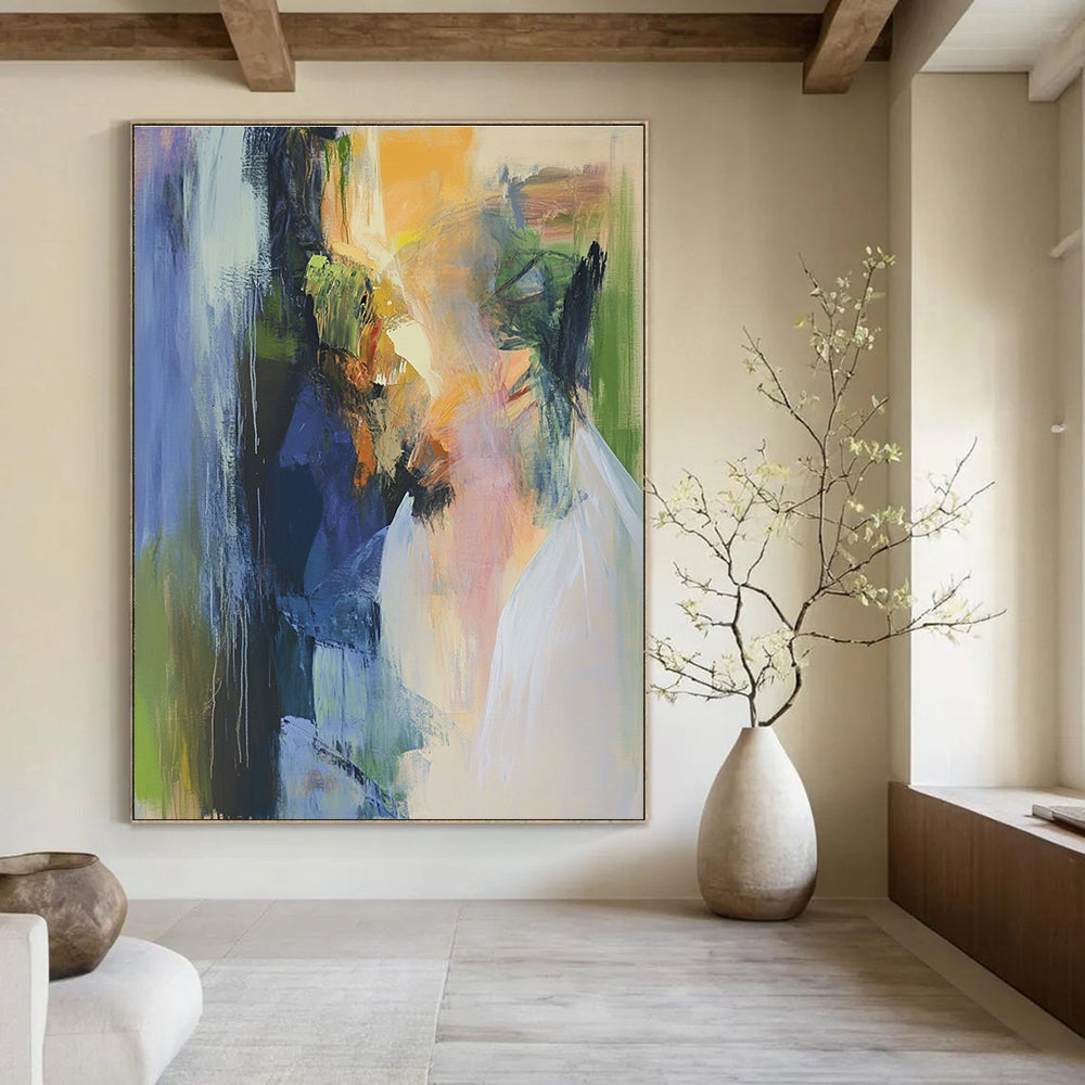 Abstract oil painting featuring faded beige grey and brown textures on a white background evoking nostalgia and mystery through subtle details in corners.STSC594