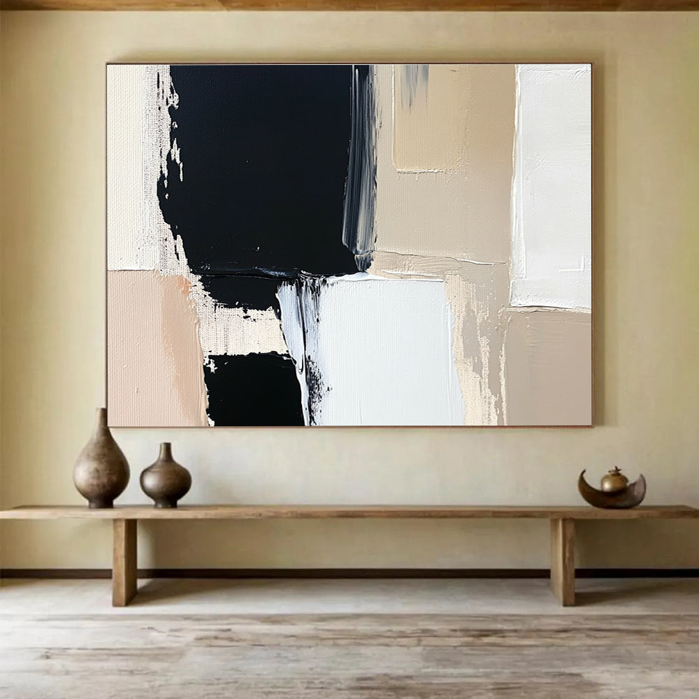 Black Beige and White Abstract Painting with Geometric Shapes DYP174