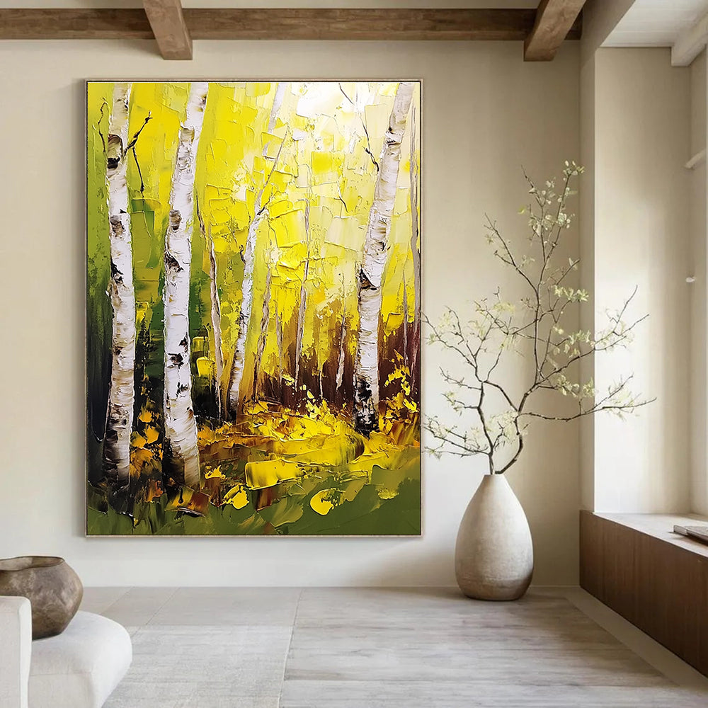 Large abstract painting of birch trees with thick brush strokes and a palette knife featuring vibrant yellow and green leaves in a forest.STSC1387