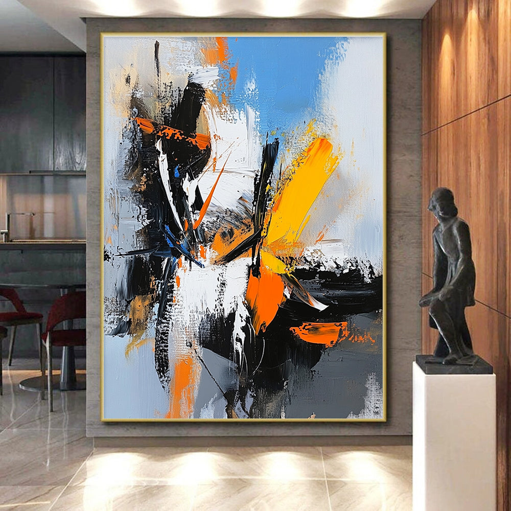 Black White Orange Abstract Painting with High Contrast GER408