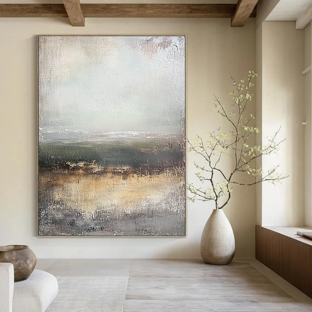 Large abstract painting depicting a coastal landscape with muted tones and vintage texture in a neutral color palette.STSC305
