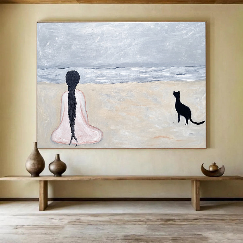 Gray Sea Scene - Girl and Cat Abstract Painting DYP060