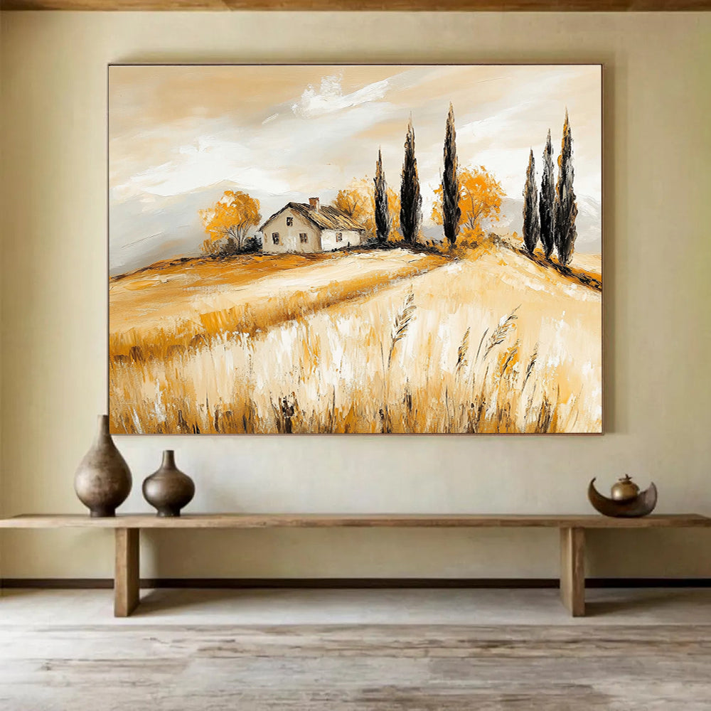 Yellow - Toned Rural Landscape Abstract Painting with a House DYP134