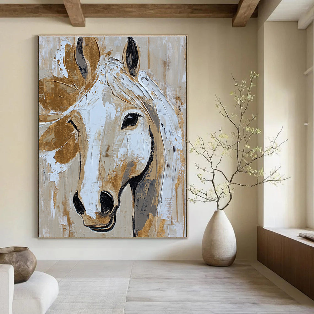 Abstract horse face in beige and white with gold accents reflects rustic farmhouse charm in a detailed expressive painting.STSC073