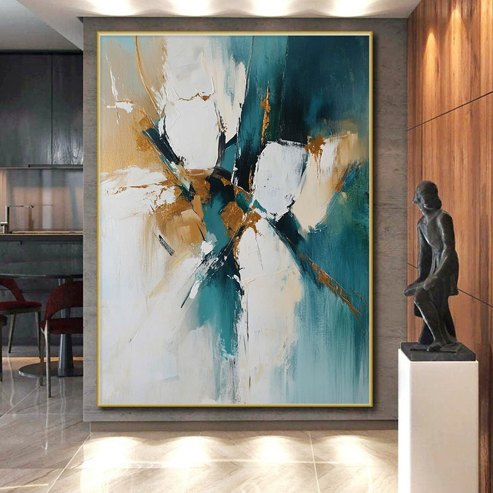 Teal Gold and White Abstract Painting with Dynamic Strokes GER682
