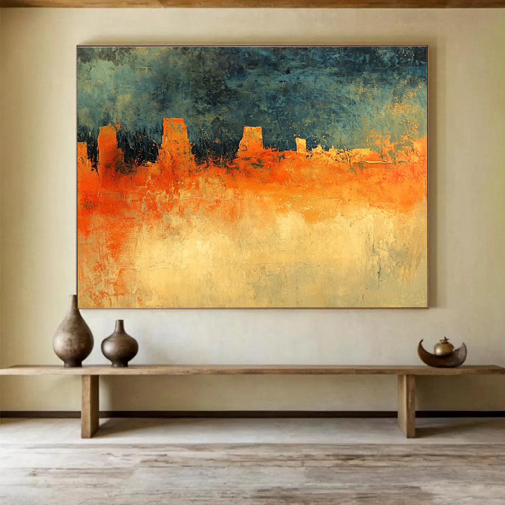 Abstract painting featuring an orange and green landscape under a dark blue sky with grey clouds inspired by Richard Schmid's style.SC165