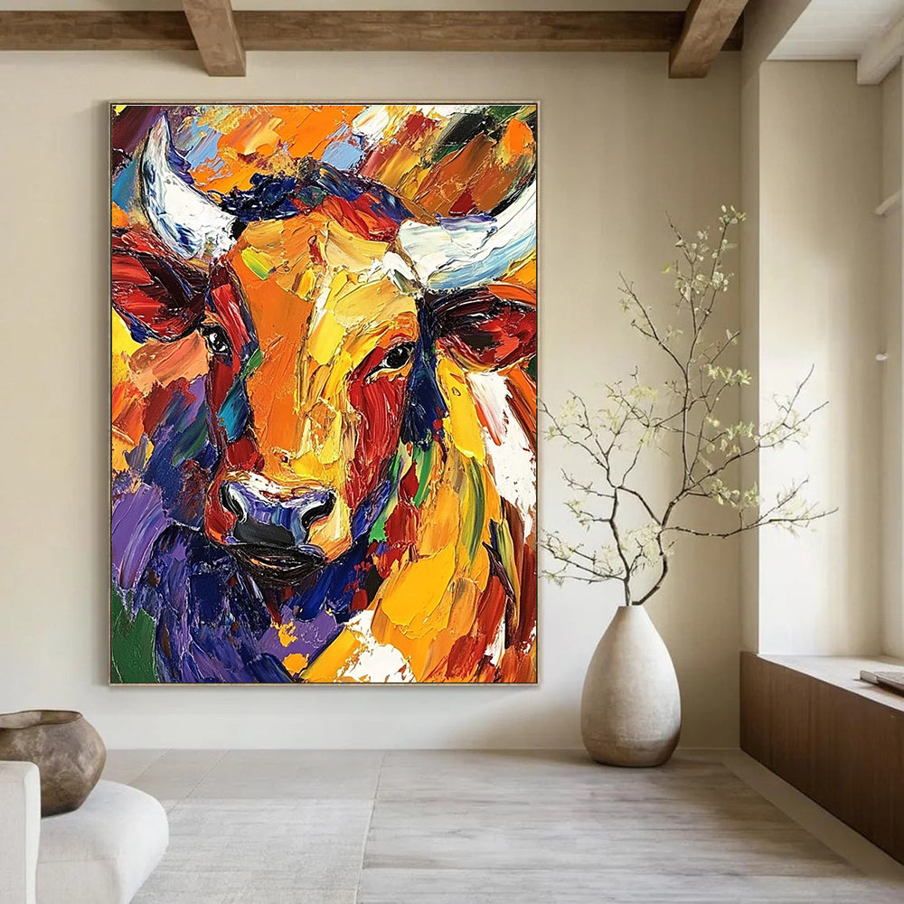 Large abstract oil painting of a colorful African bull with dynamic loose brush strokes showcasing vibrant artistry.STSC141